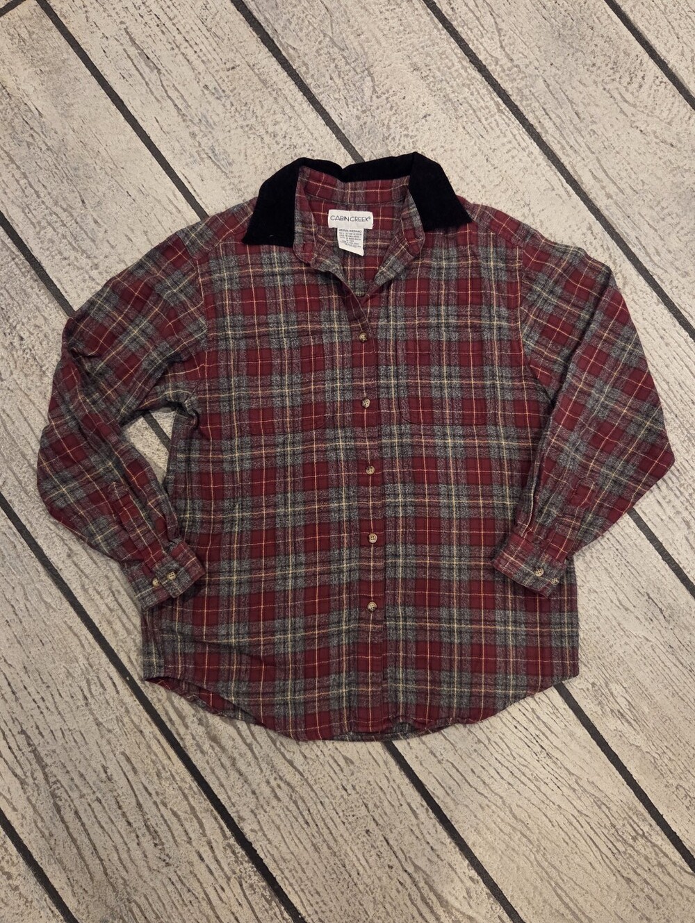 Vintage Cabin Creek Red Plaid Button-Down with Black Corduroy Collar